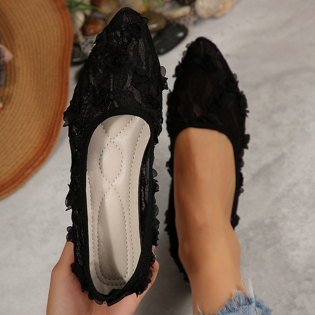 Floral Mesh Shallow Mouth Pumps Women Summer Flat Bottom Slip on Lazy Four Seasons Boat Shoes