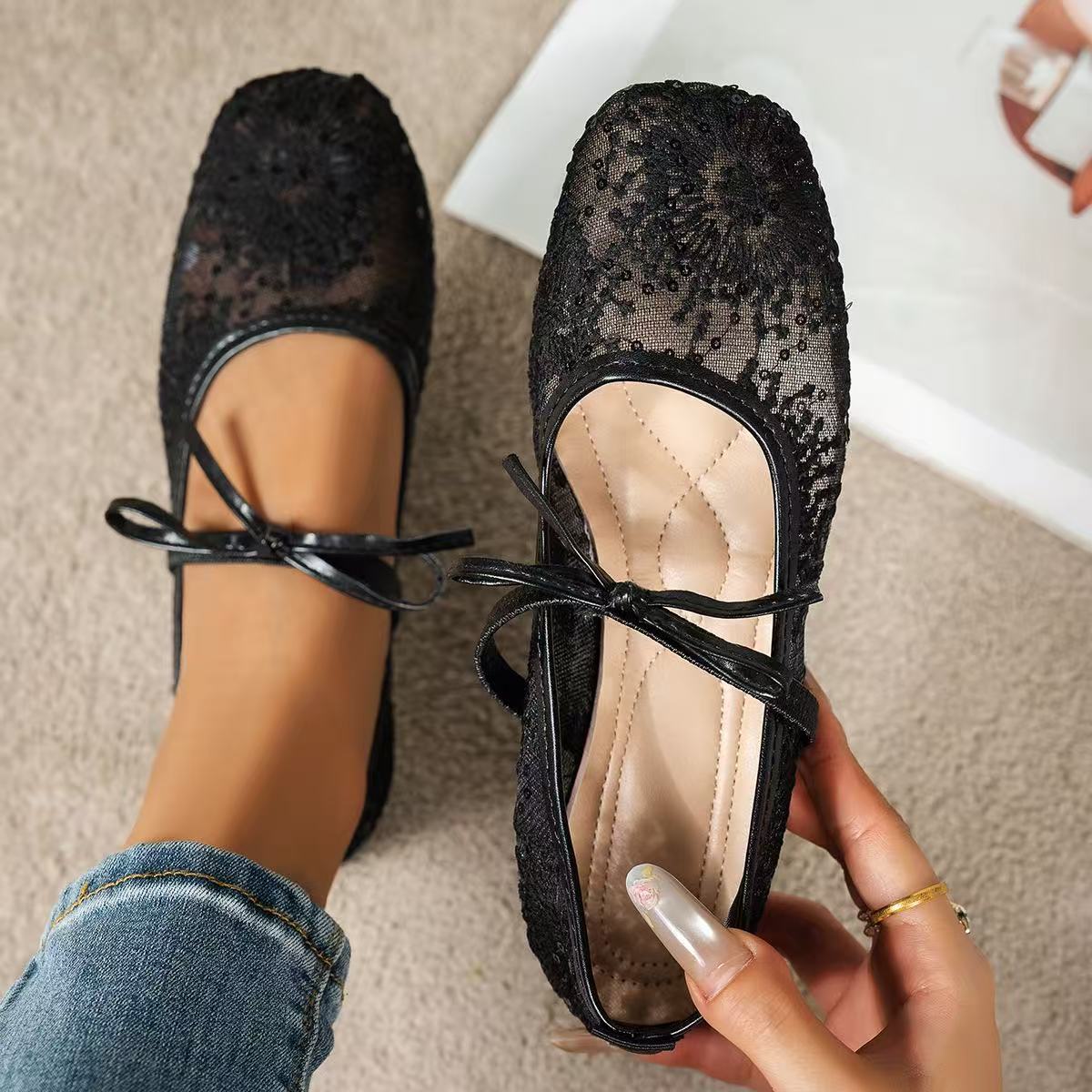 Arrival French Bow Mesh Shallow Mouth Pumps Women Mesh Square Toe Mary Jane Ballet Low Top Boat Shoes