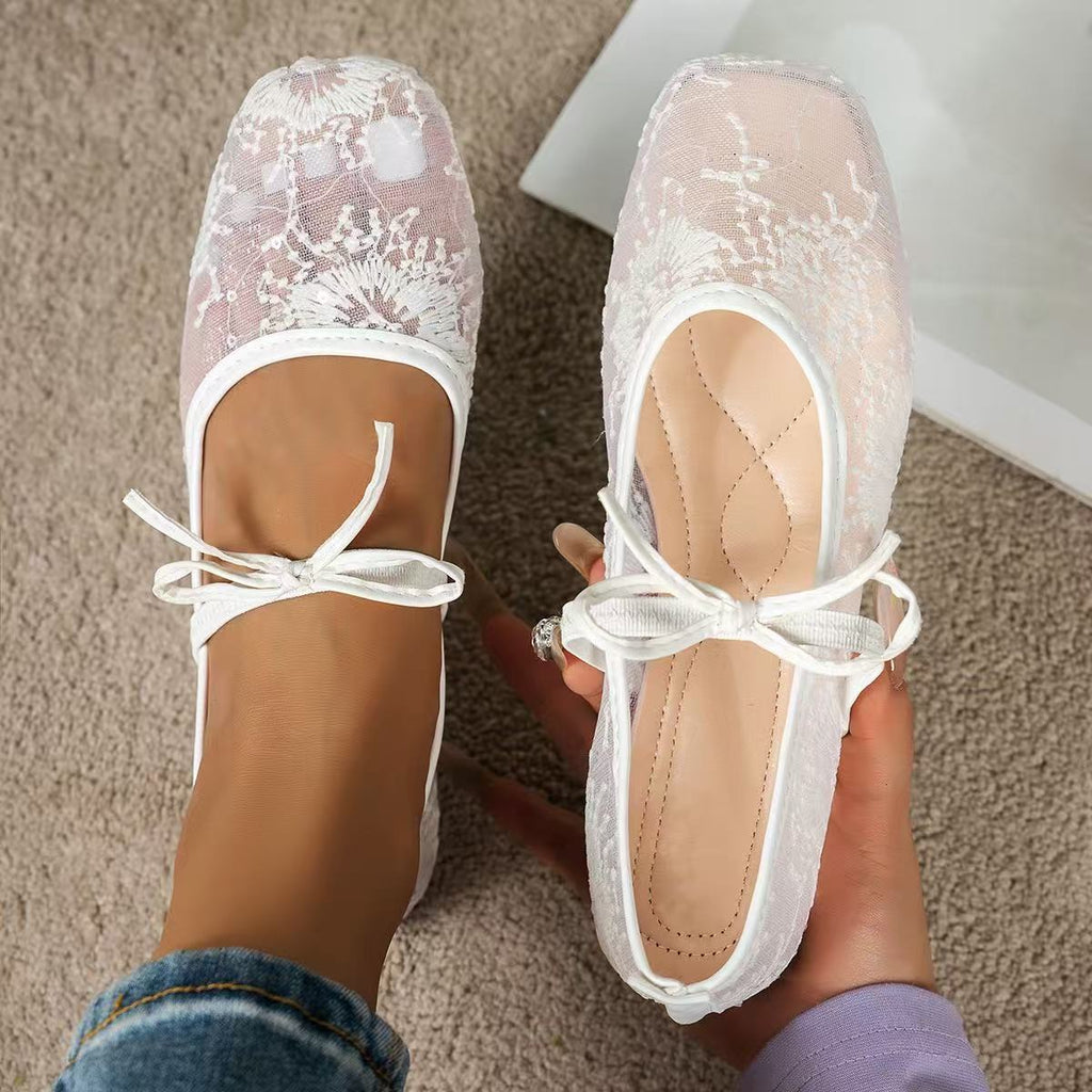Arrival French Bow Mesh Shallow Mouth Pumps Women Mesh Square Toe Mary Jane Ballet Low Top Boat Shoes