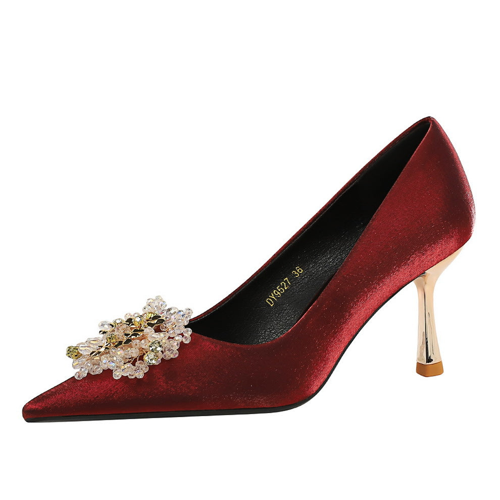 French Metal High Heel Women Shoes Rhinestone Floral Decoration Pointed Toe Satin Stiletto Heel Pumps Women
