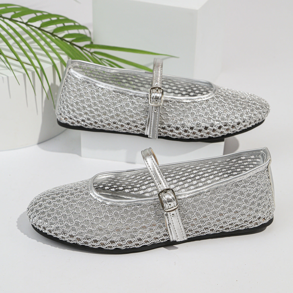 Fishnet Hollow Out Cutout out Ballet Shoes Women Summer Flat Belt Buckle Breathable Shoes