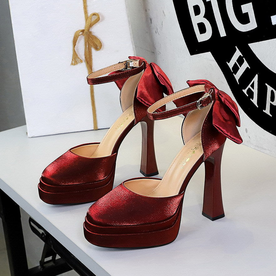 French Hollow Out Cutout Double Layer Waterproof Platform Heightened Ultra High Heel Chunky Heel Back Bow Buckle Sandals