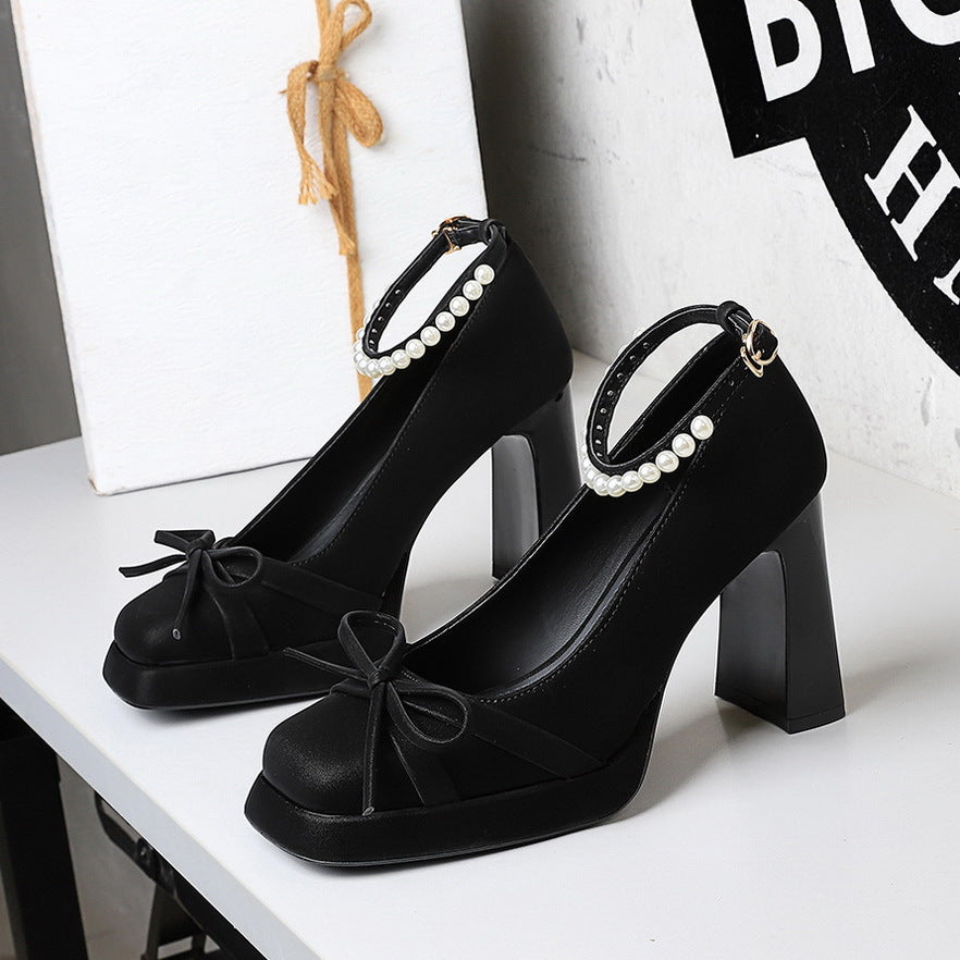 French Bow Waterproof Platform Thick Heel High Heels Women Square Toe Shallow Mouth Pearl Ankle Strap Shoes Women