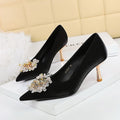 French Metal High Heel Women Shoes Rhinestone Floral Decoration Pointed Toe Satin Stiletto Heel Pumps Women
