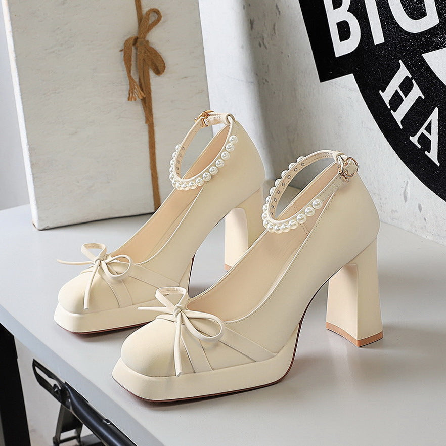 French Bow Waterproof Platform Thick Heel High Heels Women Square Toe Shallow Mouth Pearl Ankle Strap Shoes Women