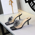 Rhinestone Fireworks Square Toe Open Toe Slippers Women Transparent Slip on Stiletto Heel Outdoor Slippers