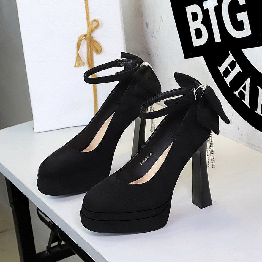 French Wind Black Cocktail round Head Super High Heel Platform Women Shoes Back Bow Rhinestone Shoes