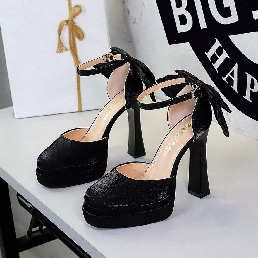 French Hollow Out Cutout Double Layer Waterproof Platform Heightened Ultra High Heel Chunky Heel Back Bow Buckle Sandals