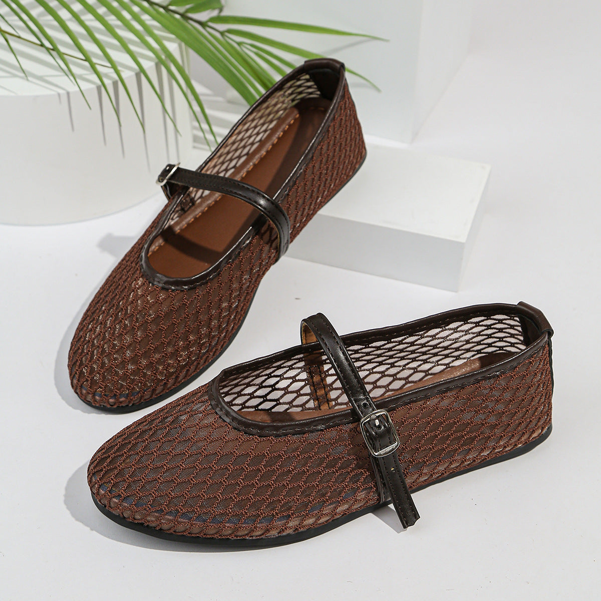 Fishnet Hollow Out Cutout out Ballet Shoes Women Summer Flat Belt Buckle Breathable Shoes
